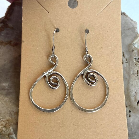 Artisan Sterling Silver 925 1.88" Hammered Spiral Wire Dangle Drop Earrings - Picture 7 of 16